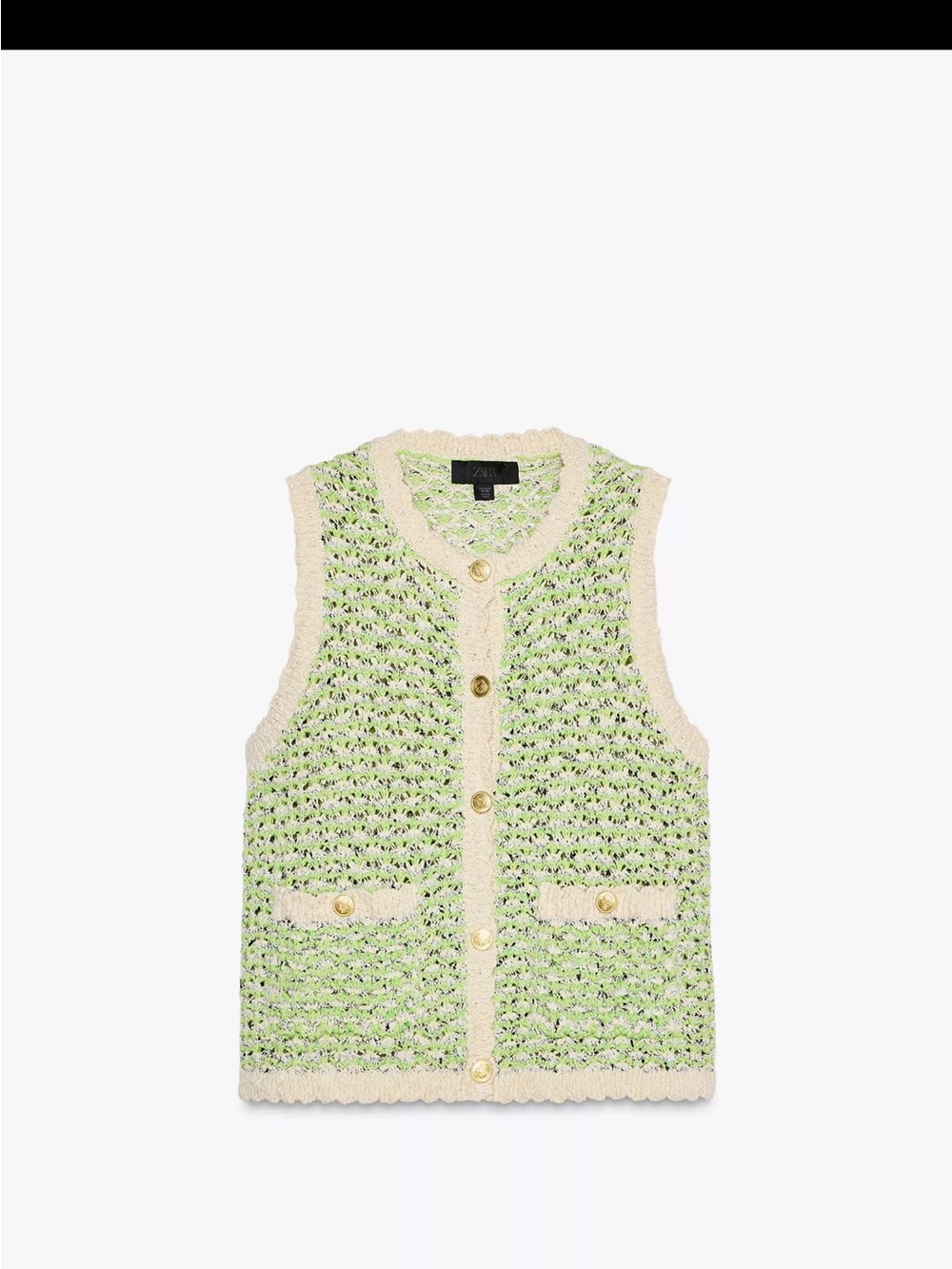 Cream-Trim Green Tweed Knit Vest